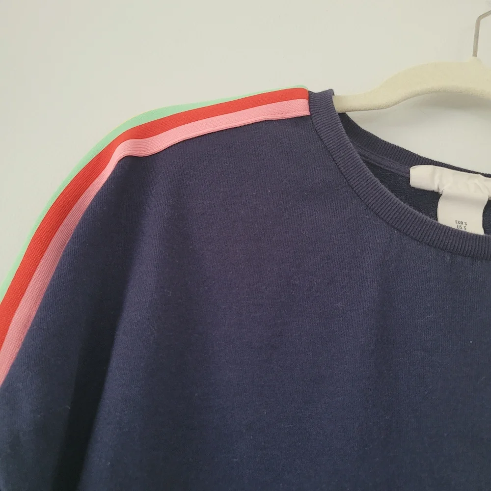 H&M L.O.G.G. Rainbow Striped Long Sleeve Crew Neck Dark Blue Sweatshirt - Picture 5 of 9